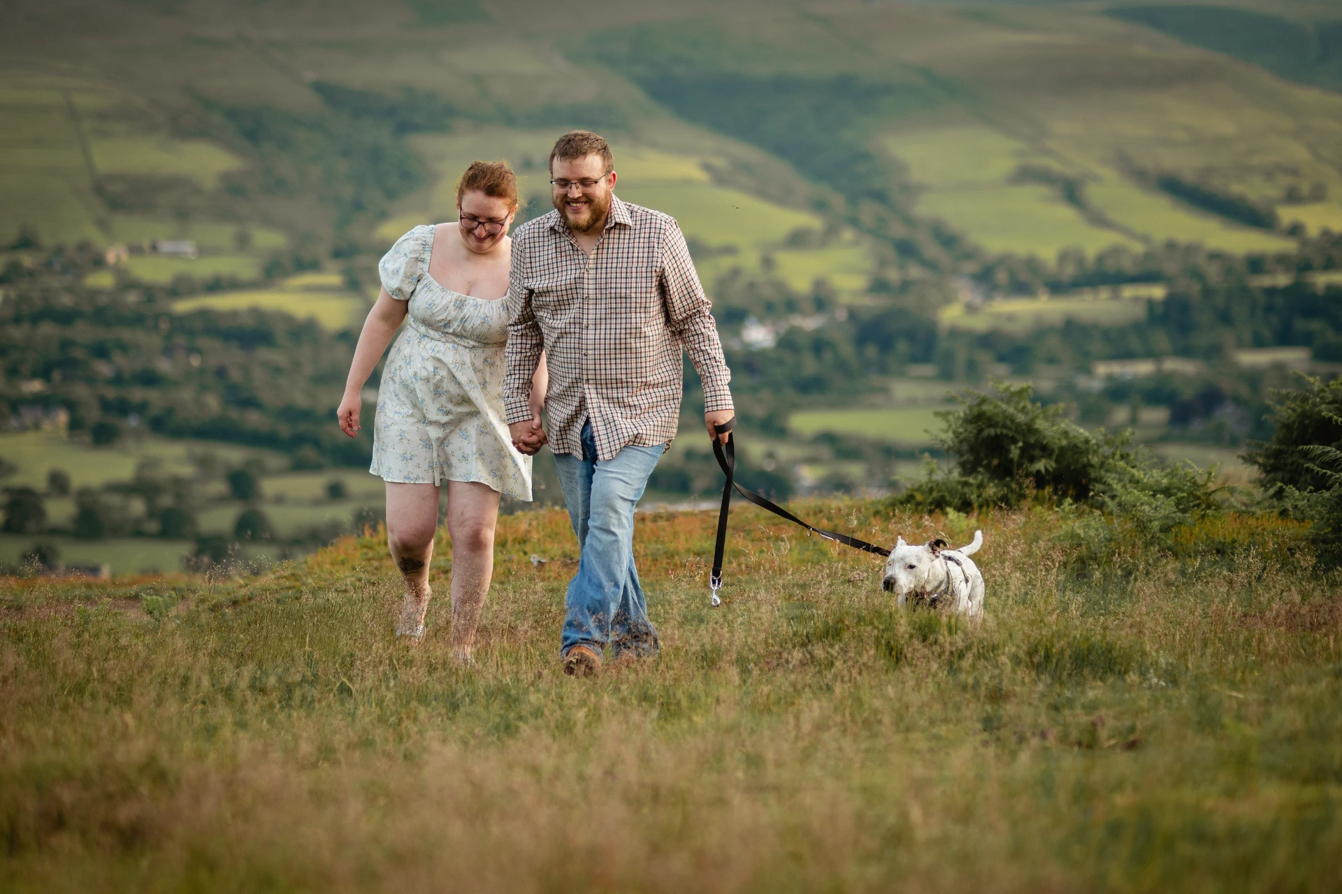A couple walking across an open field with their dog in golden evening light