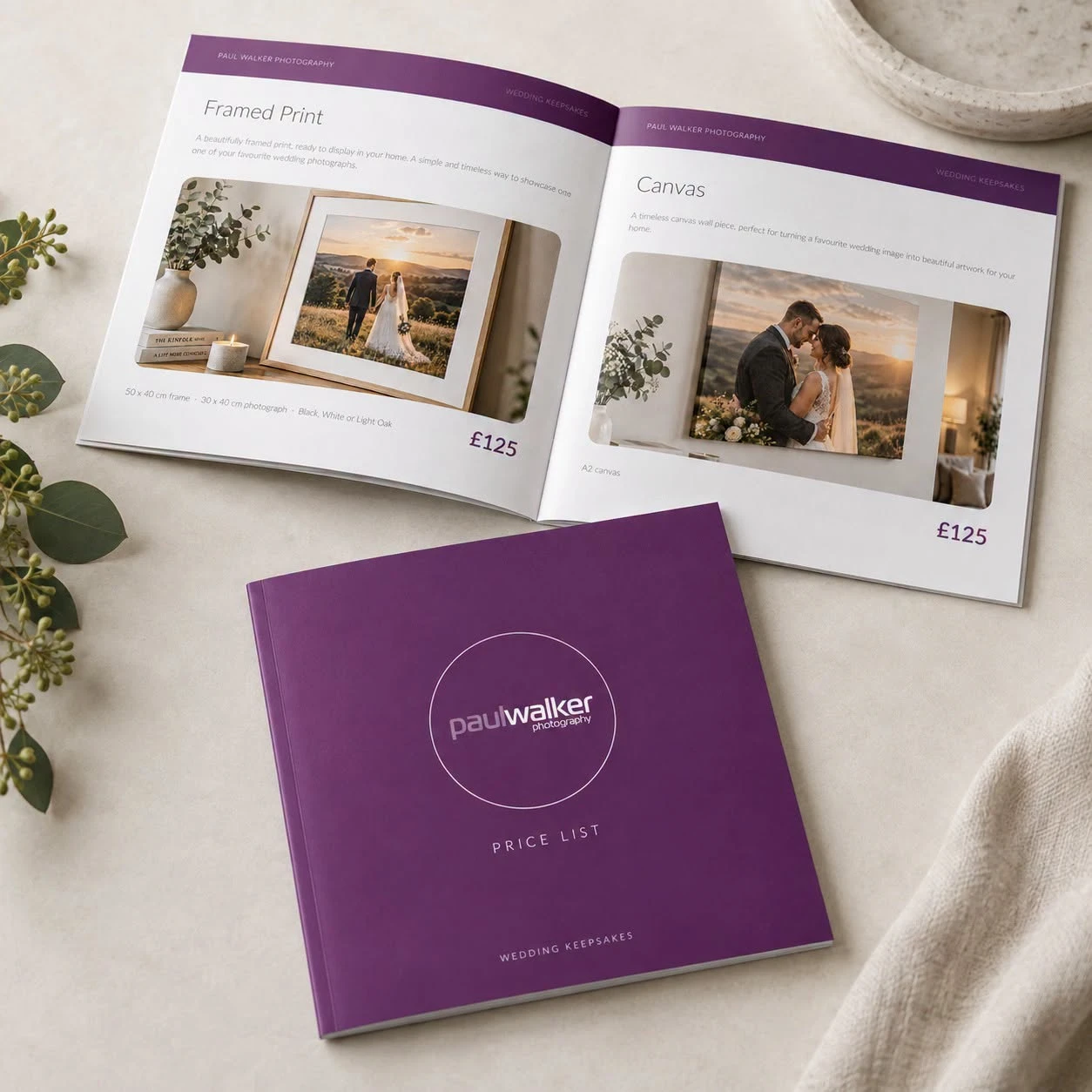 Paul Walker Photography's keepsakes price list brochure, showing a framed print and canvas page beside the purple cover